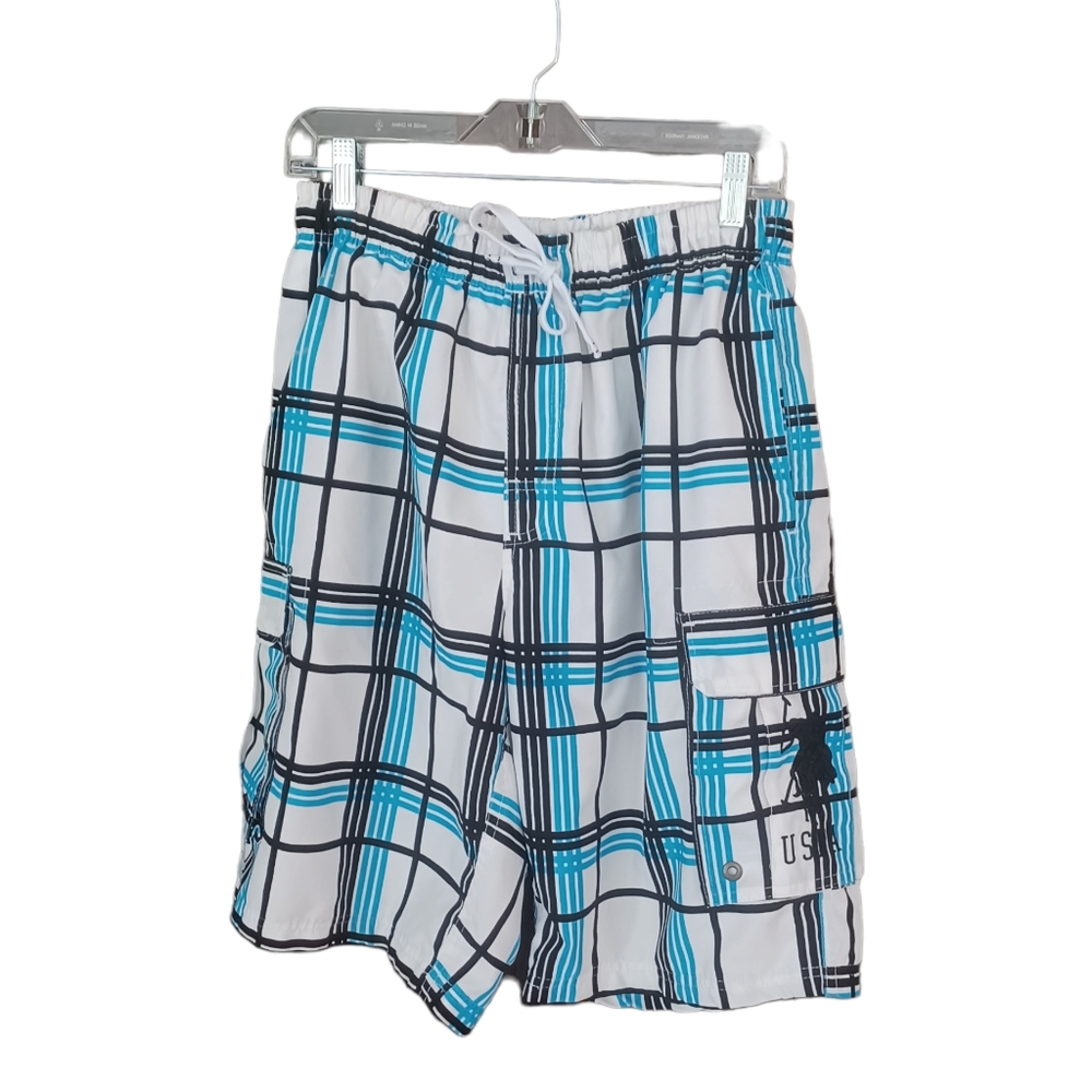 U.S. POLO ASSN • Medium • men's swim shorts trunks plaid pull up casual preppy